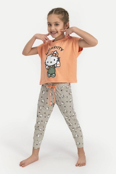 Arnetta Kız Çocuk  Hello Kitty Lisanslı Somon Kısa Kol Pijama Takımı L1300-3