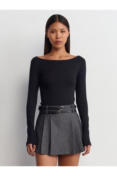Dilvin Kayık Yaka Uzun Kollu Top-Siyah 31332