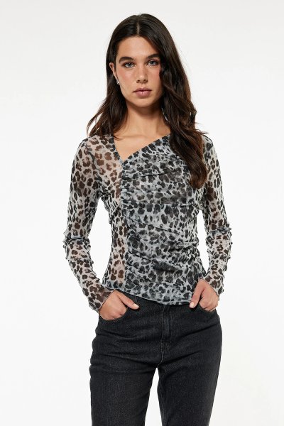 Koton Kadın X Sibil Çetinkaya - Uzun Kollu Asimetrik Yaka Geyik Desenli Transparan Tül Bluz 6WAK80099PK