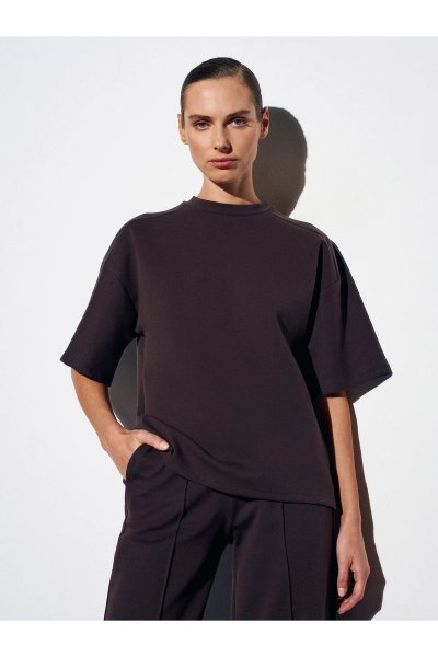 Dilvin Kısa Kollu Oversize T-shirt-Koyu Kahve 31975