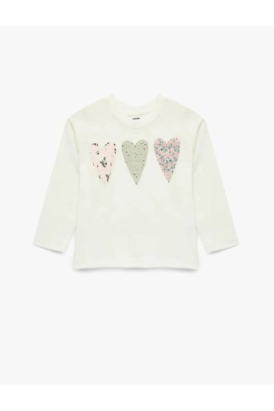 Koton Çocuk Uzun Kollu Bisiklet Yaka Kalp Aplikeli Pamuklu Tişört 6SMG10045AK
