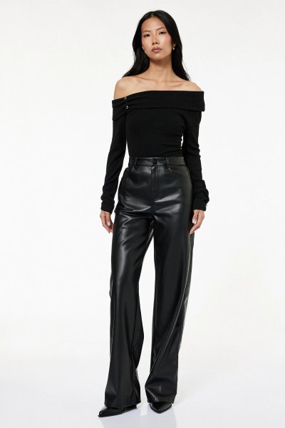 Koton Kadın Koton X Sibil Çetinkaya - Cepli Düz Paça Suni Deri Pantolon 6WAK40175PW