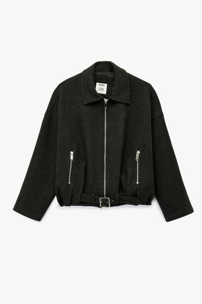 Koton Kadın Koton X Sibil Çetinkaya - Uzun Kollu Fermuarlı Oversize Kaşe Bomber Ceket 6WAK20379EW