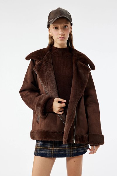 Koton Kadın Suni Kürklü Yaka Fermuarlı Cepli Süet Görünümlü Biker Ceket 6WAL20056IW