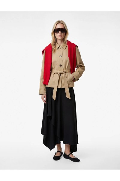 Koton Kadın Uzun Kollu Düğmeli Cepli Kemerli Kısa Gabardin Trençkot 6SAK00046EW