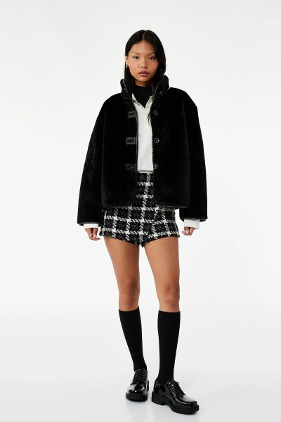 Koton Kadın Dik Yaka Kaban Peluş Biye Detaylı Düğmeli Uzun Kollu 6WAL00010IW