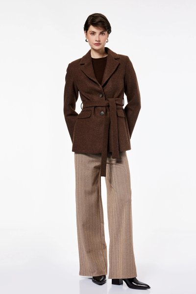 Koton Kadın Uzun Kollu Cepli Kemer Detaylı Kruvaze Düğmeli Kısa Kaşe Mont 6WAK20282EW