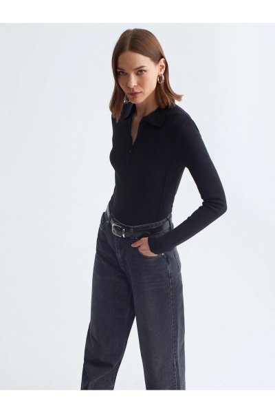 Dilvin Kaşmir Karışımlı Fermuarlı Kazak-Siyah 10862