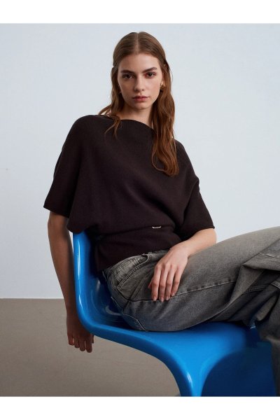 Dilvin Yün Karışımlı Kemerli Kayık Yaka Kazak-Koyu Kahve 10838