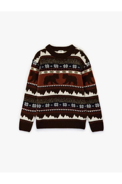 Koton Erkek Çocuk Uzun Kollu Bisiklet Yaka Desenli Triko Kazak 6WKB90005HT