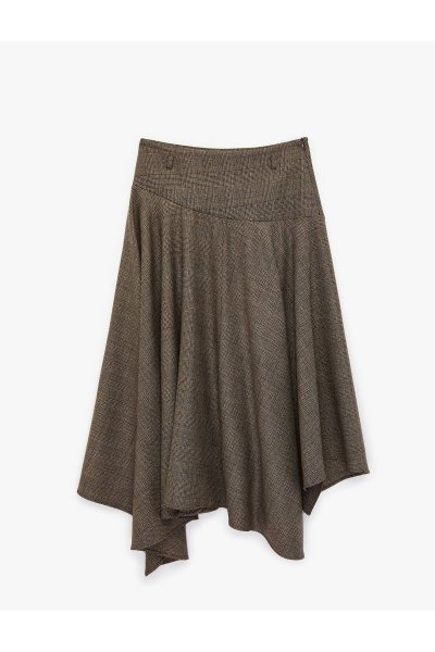 Koton Kadın Yüksek Bel Kemerli Kloş Asimetrik Kesim Midi Ekoseli Etek 6SAK70133UW