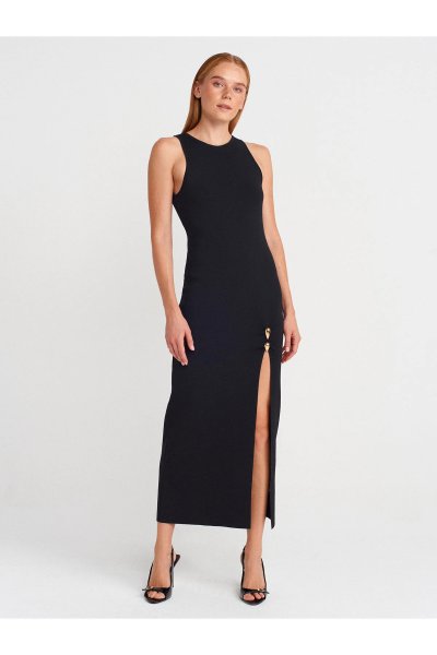 Dilvin Aksesuar Detaylı Yırtmaçlı Triko Elbise 90255