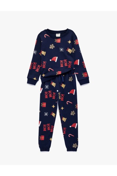 Koton Pamuklu Uzun Kollu Bisiklet Yaka Yılbaşı Desenli Pijama Takımı 6WMB10333TK