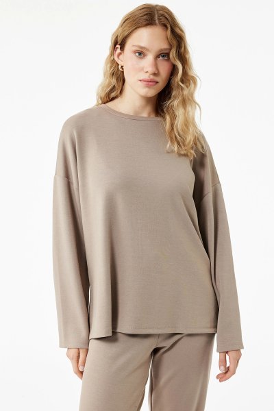 Koton Kadın Uzun Kollu Bisiklet Yaka Rahat Kalıp Pijama Üstü 6WLK40188MK