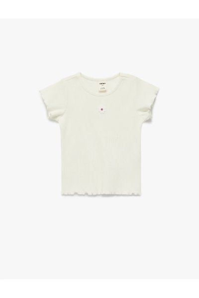 Koton Kadın Kısa Kollu Bisiklet Yaka Çiçek Nakış Detaylı Pamuklu Tişört 6SMG10034AK