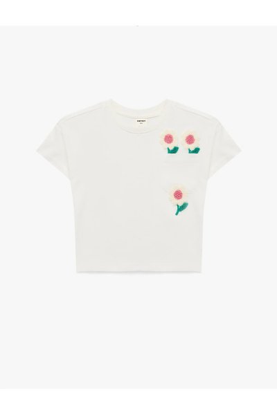 Koton Kız Çocuk Kısa Kollu Bisiklet Yaka Çiçek Aplikeli Pamuklu Tişört 6SMG10023TK