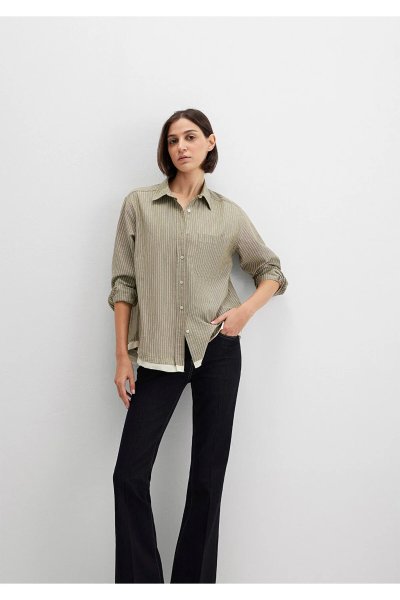 Mavi Çizgili Haki Gömlek Loose Fit / Bol Rahat Kesim 1211372-91369