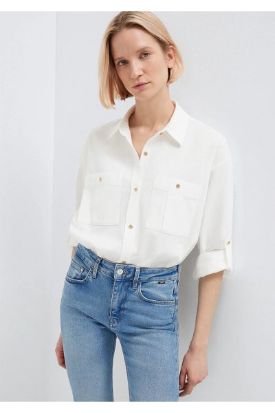 Mavi Düğme Detaylı Ekru Gömlek Loose Fit / Bol Rahat Kesim 1211383-70057