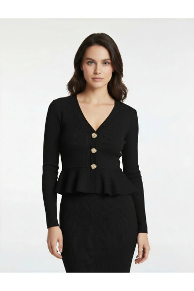Koton Aksesuar Düğme Detaylı Uzun Kollu Slim Fit Peplum Kesim V Yaka Hırka 7WAK30013EK