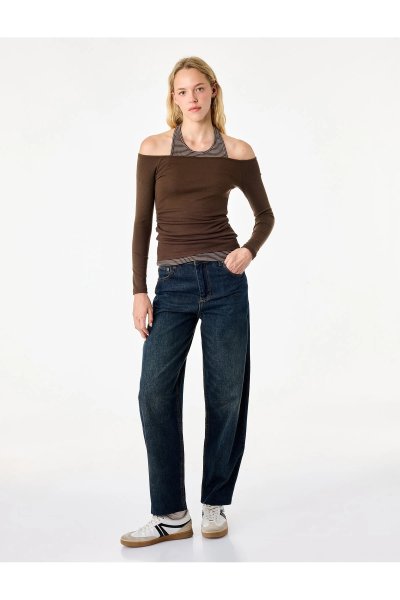 Koton Slim Fit Viskon Karışımlı Halter Yaka Uzun Kollu İkili Tişört 7WAL10247IK