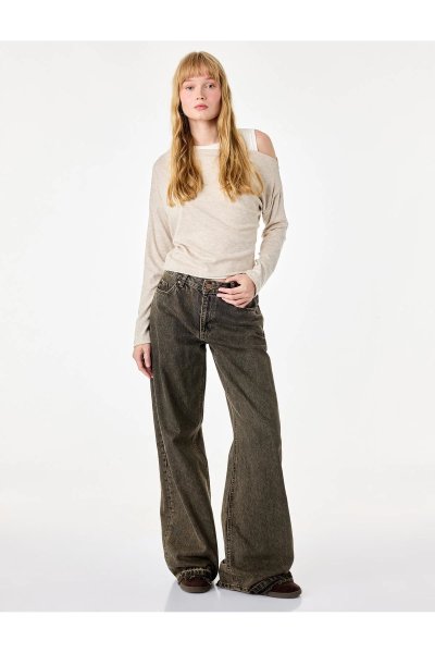 Koton Slim Fit Viskon Karışımlı Asimetrik Yaka Uzun Kollu Katmanlı Tişört 7WAL10346IK