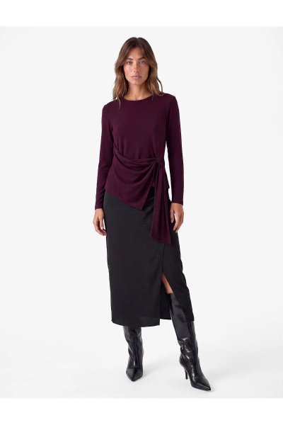 Koton Asimetrik Bağlamalı Mürdüm Rengi Yumuşak Dokulu Tişört Bisiklet Yaka Uzun Kollu Slim Fit Drapeli 7WAK50013PK