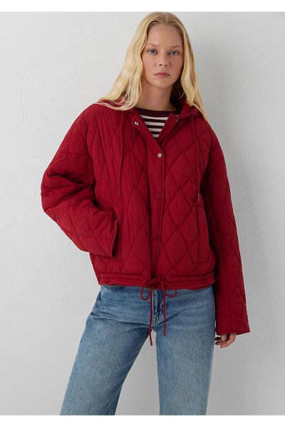 Mavi Kapüşonlu Kapitone Kırmızı Mont Loose Fit / Bol Rahat Kesim 1110911-70392