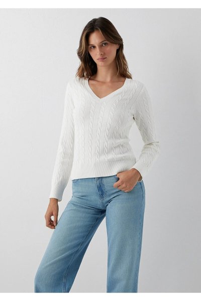 Mavi V Yaka Ekru Triko Slim Fit / Dar Kesim 1710911-70057