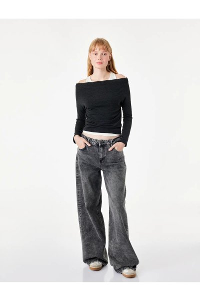 Koton Slim Fit Asimetrik Yaka Katmanlı Uzun Kollu Tişört 7WAL10328IK