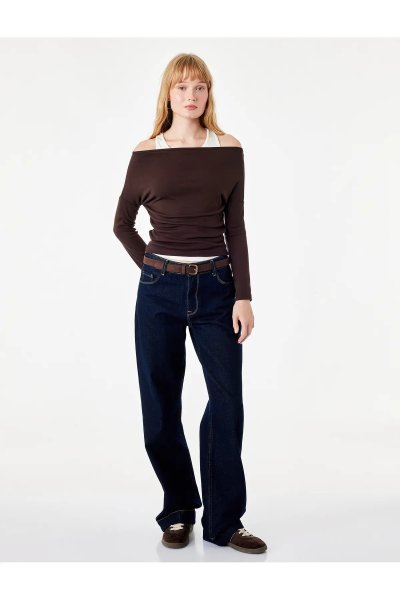 Koton Slim Fit Asimetrik Yaka Katmanlı Uzun Kollu Tişört 7WAL10328IK