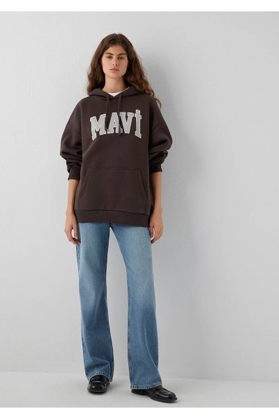 Mavi Logo Baskılı Kapüşonlu Kahverengi Sweatshirt 1600361-70240