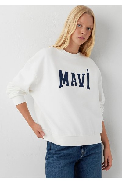 Mavi Logo Baskılı Ekru Sweatshirt 1S10580-70057