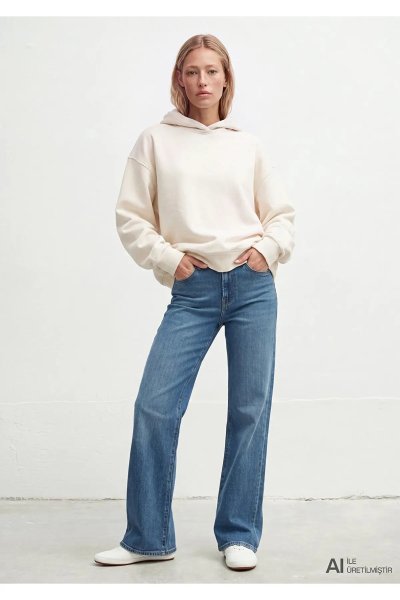 Mavi Kapüşonlu Ekru Basic Sweatshirt 1S10575-83043