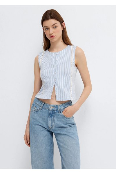 Mavi Düğmeli Çizglili Top Crop / Kısa Kesim 1613975-84533