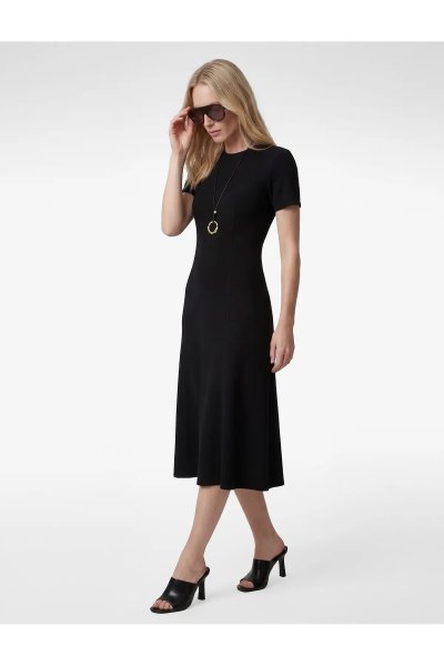 Koton Krep Scuba Kumaş Slim Fit Kısa Kollu Bisiklet Yaka Midi Kloş Elbise 6SAK80069EK