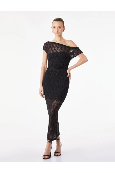 Koton Slim Fit Kayık Yaka Bodycon Dantelli Taşlı Midi Abiye Elbise 6SAK80049FK