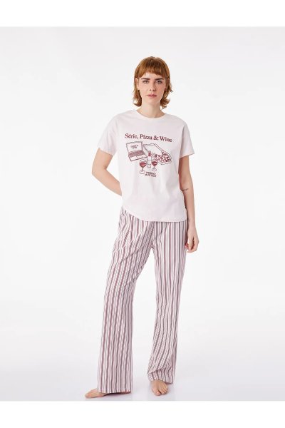 Koton Kadın Rahat Kalıp Kısa Kollu Bisiklet Yaka Pijama Takımı 6SLK40076MK