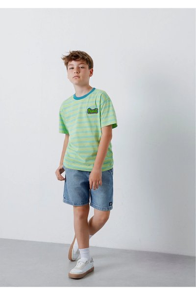 Mavi Erkek Çocuk Yeşil Sticker Baskili Çizgili Tişört Arca T-shirt 6610466-91581