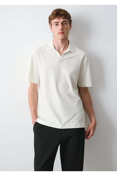 Mavi Keten Karışımlı Ekru Polo Tişört Loose Fit / Bol Rahat Kesim 0613341-80194