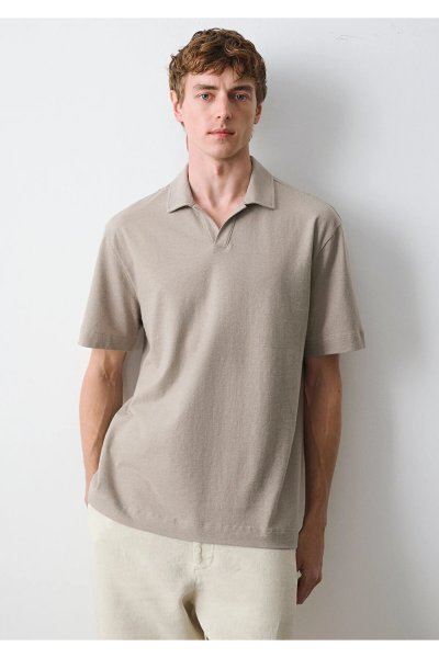 Mavi Keten Karışımlı Kahverengi Polo Tişört Loose Fit / Bol Rahat Kesim 0613341-70352