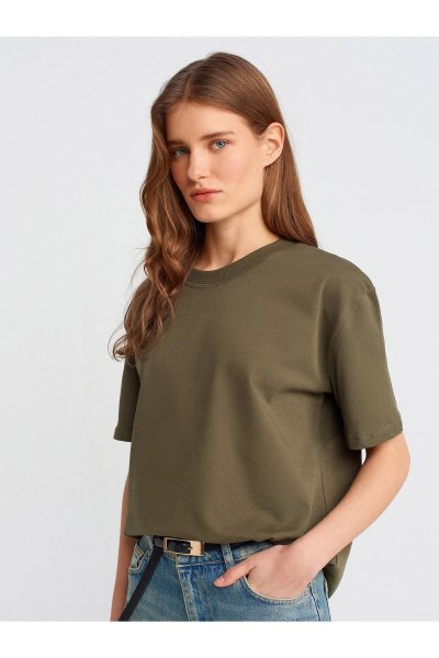 Dilvin %100 Pamuk Dekoratif Dikişli Bisiklet Yaka T-SHIRT 30312