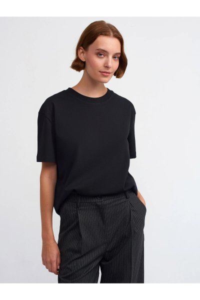 Dilvin %100 Pamuk Dekoratif Dikişli Bisiklet Yaka T-SHIRT 30312